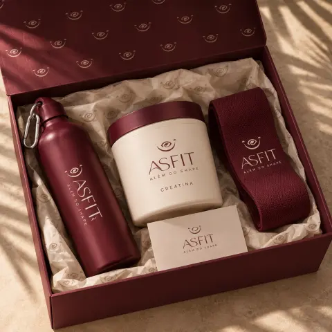 Press kit da ASFIT com garrafa, creatina e mini band
